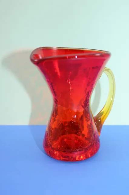 Hand Blown Amberina Crackle 3.25" Glass Pitcher - Applied Handle