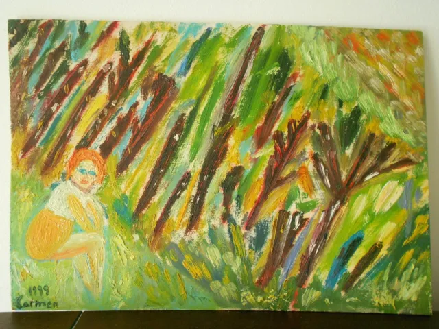 Pintura original óleo sobre tabla. Autorretrato con paisaje. 