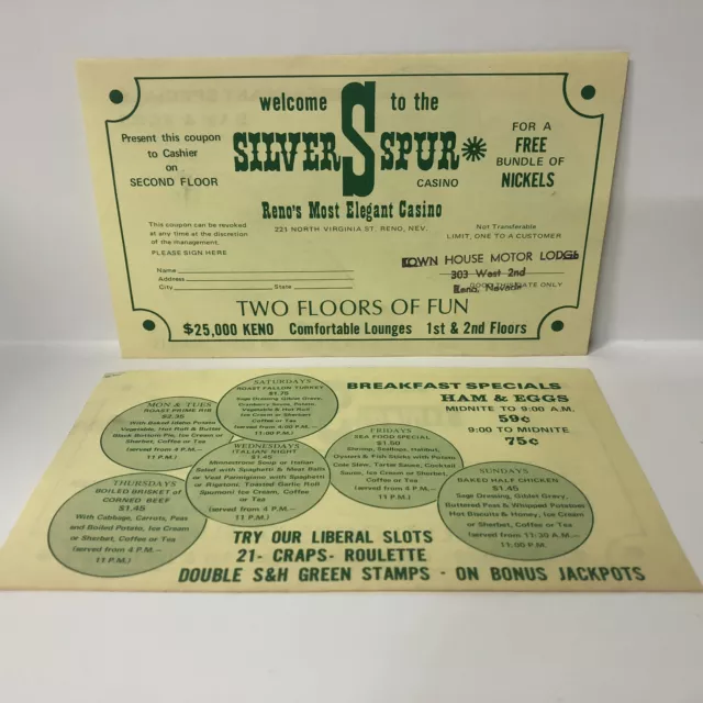 1970s The Silver Spur Casino Free Nickels Coupons And Menu Reno Nevada