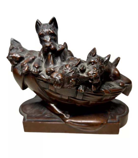 1936 K & O Co. YORKSHIRE TERRIER DOGS YORKIES IN BASKET SIGNED STATUE 5 X 5”