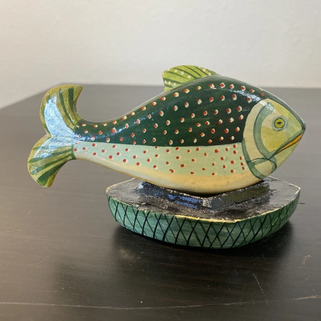 Vintage Hand Carved Fish Wooden Box Hand Painted Made in India Green