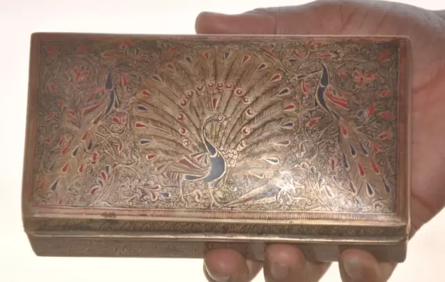 Vintage Brass Lacquer Peacock & Floral Engraved Cigarette/Cigar Box/Case