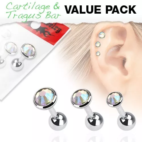 3 Pcs Value Pack of Assorted 316L Tragus Bar with Gem Top.