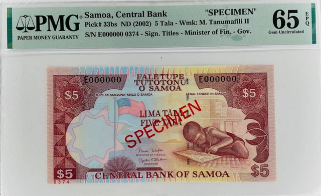 5 TALA, Samoa, Central Bank “SPECIMEN” PMG, 65, EPQ, Gem Uncirculated, (D 3-16)