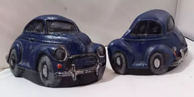 Paar lackiertes Gusseisen? Metall Auto Buch Enden - blau Oldtimer Morris Minor