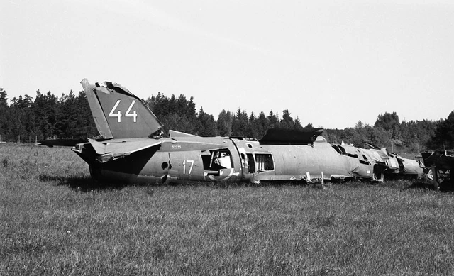 ex-F17 Wg, Swedish AF, A-32A Lansen, 32235 '44' at Kallinge, 1969 - B&W Neg_6152