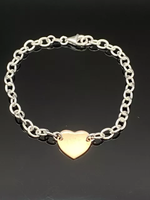 Solid Sterling Silver 925 14K Rose Gold Plated Heart Chain Bracelet-7.5"