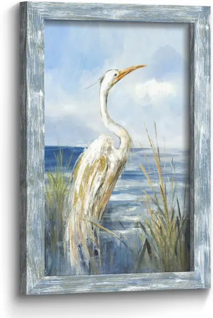 Framed Sea Bird Wall Art: Wooden Blue Coastal Ocean Scene Picture Heron on Beach