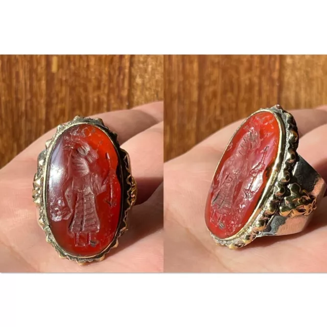 Near Eastern Old Agate stone Roman intaglio Seal stamp Solid silver Ring