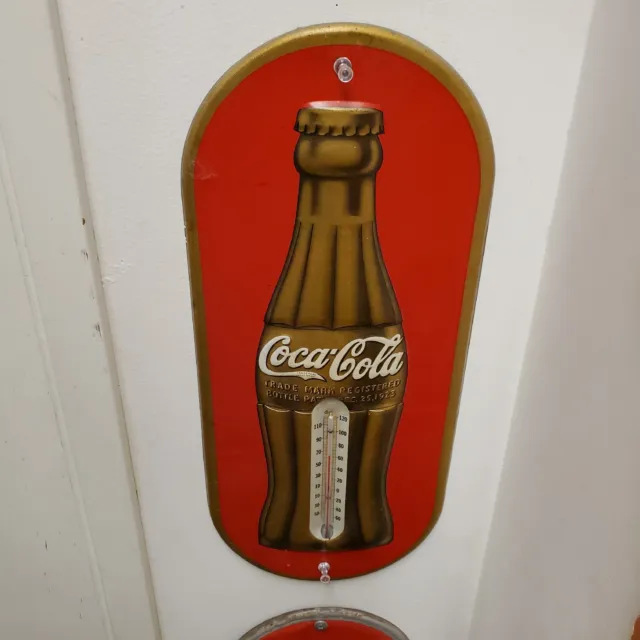 1938 Coca - Cola Anniversary Thermometer Sign w/ Embossed Christmas Bottle Dated