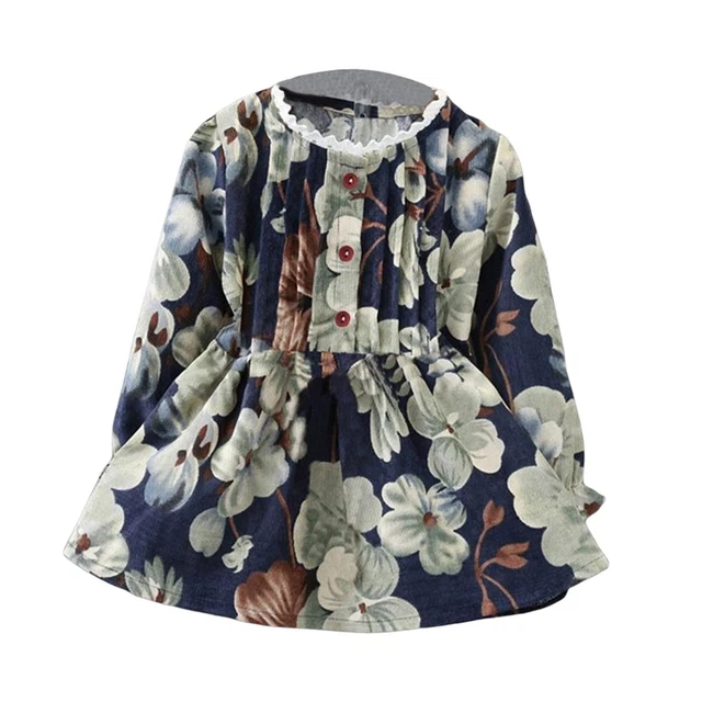 Vestito da bambina con stampa floreale a maniche lunghe in stile retrò per