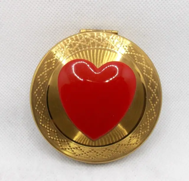 Vintage Kigu Brass Compact w/Red Enamel Heart Mirrored Round Embossed Trim