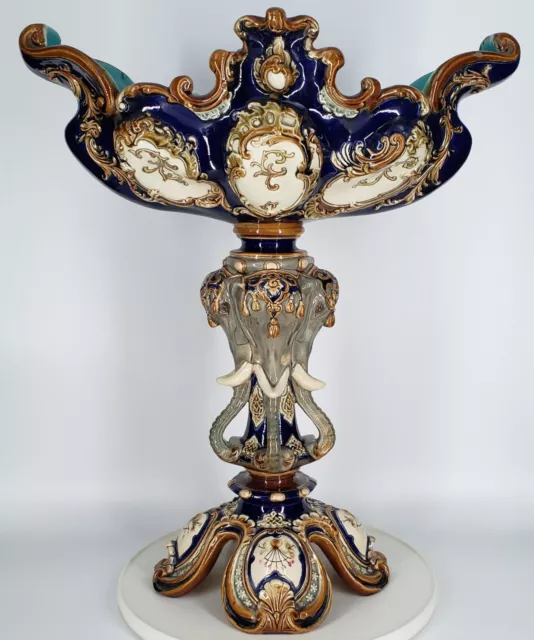 Antique 19th Century Wilhelm Schiller and Sons Majolica Elephants Centerpiece Antique 19th Century Wilhelm Schiller and Sons Majolica Elephants Centerpiece