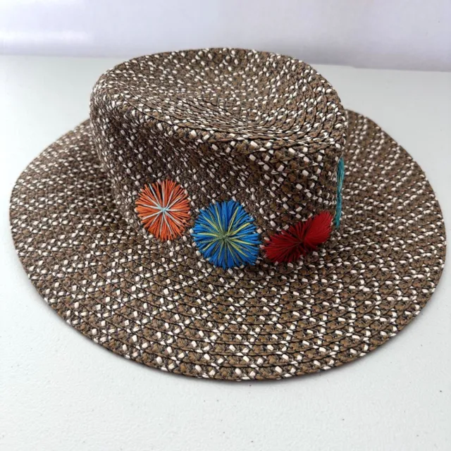 Eric Javits Packable Squishee Sun Hat Fedora UPF 50 Flower Embroidered Brown