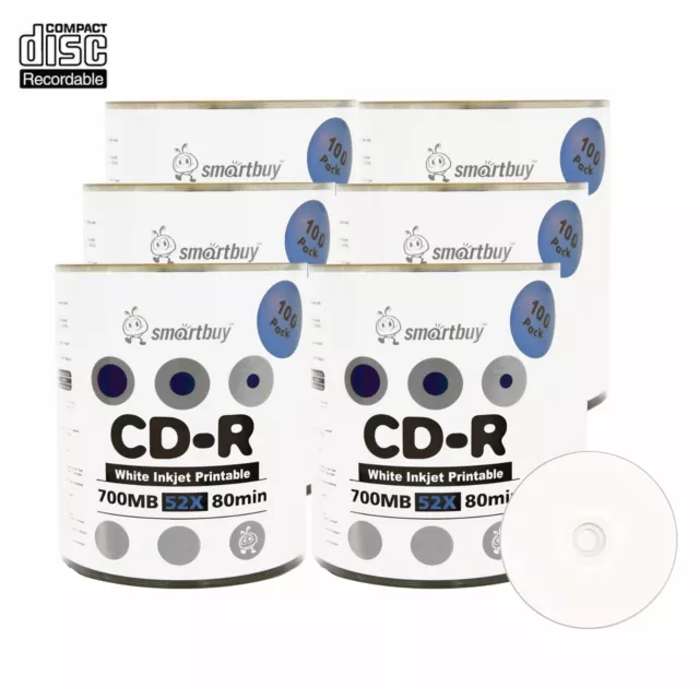 600 Pack Smartbuy 52X CD-R CDR 700MB White Inkjet Printable Music Record Disc