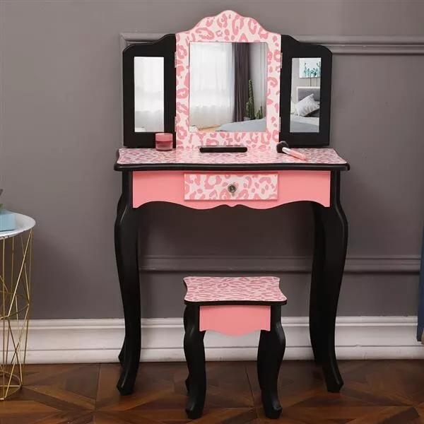 Three-Fold Mirror Single Drawer Arc Feet Children Dresser Red Leopard Print