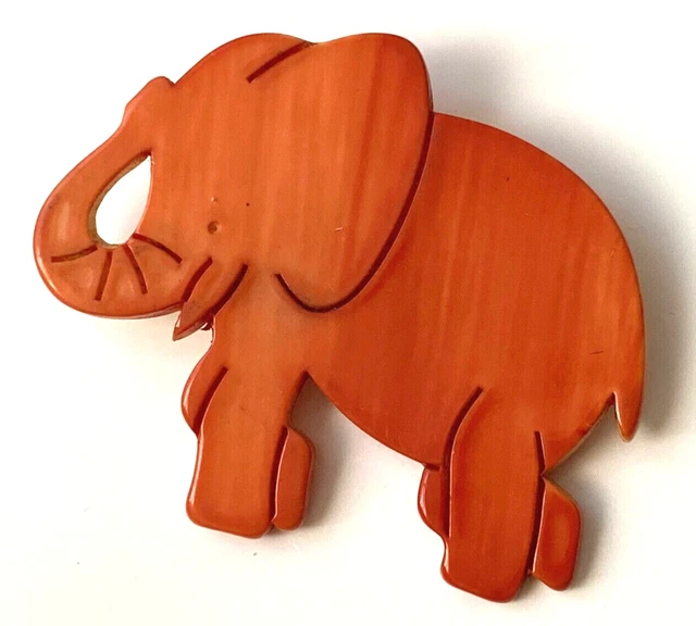 Broche Vintage éléphant En Plastique Peint - Adorable, Couleur Orange Rouille, 5.4 Cm, Neuf Sans Emballage