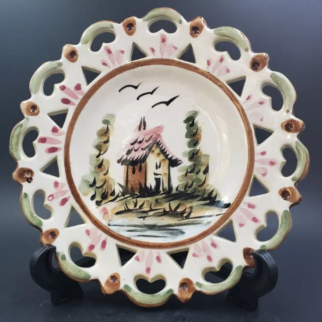 Vintage Plate Portugal Pottery Open Lace Edge Majolica  HandPainted Cottage 1979