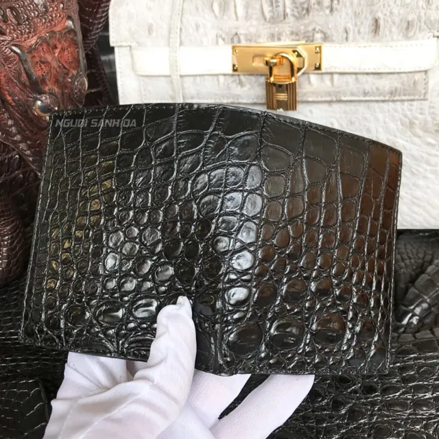 Double Side Men's Black Crocodile Leather Bifold Wallet Cash Alligator Skin