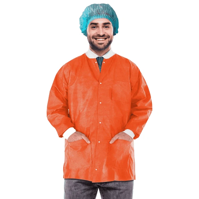 Disposable Lab Jackets 32  Long. Pack of 10 Orange Hip Length Work Gowns X SMS &