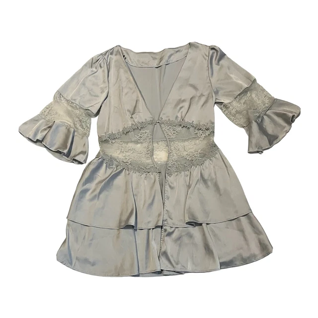 Soft Ice Blue Satin & Lace Negligee Top Snap Front Closure See Measurements Pics