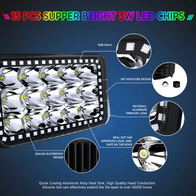 4P 4X6 LED Headlight Hi/Lo Sealed Beam with RGB Halo For Cadillac Eldorado 75-85 3