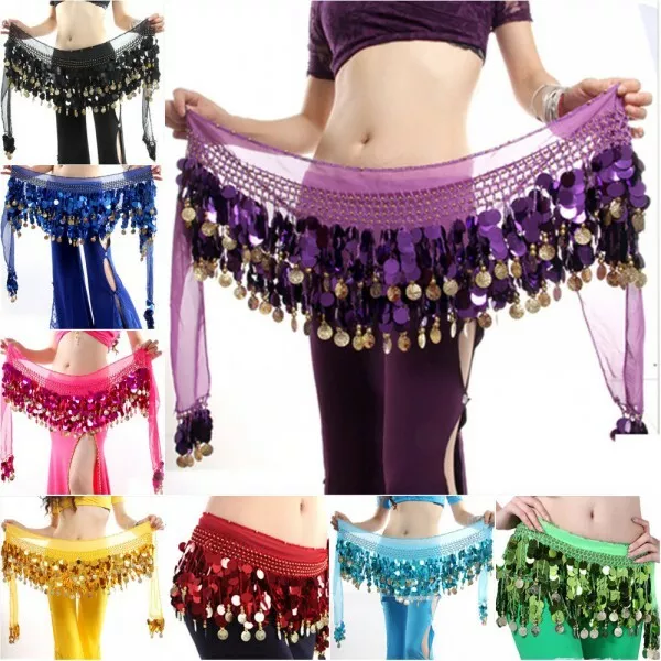 Belly Dance Dancing Hip Skirt Scarf Wrap Belt Costume with 3Rows Gold Coin