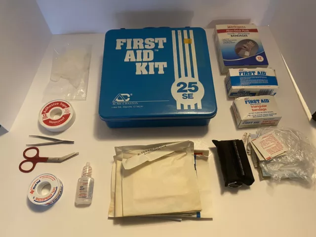 Vintage blue ACME INDUSTRIAL FIRST AID KIT #25 metal wall box FULL of contents!