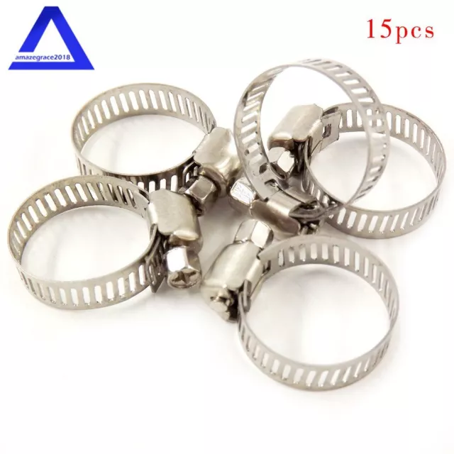 15Pcs 3/4"-1" Adjustable Stainless Steel Drive Hose Clamps Fuel Line Worm Clip