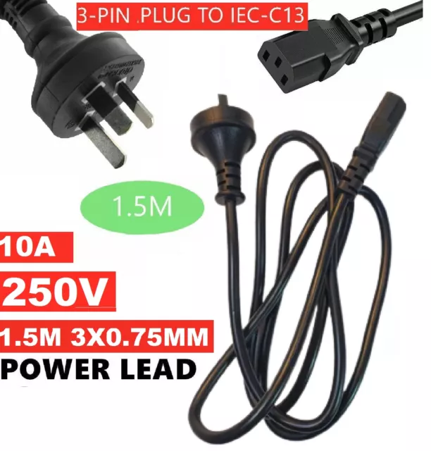 Power Cord Lead Cable 3 Pin Australian Plug to IEC-C13 Socket 250V 10A 1.5M NEW