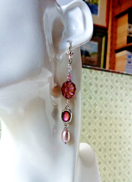 Boucles D'oreilles Vintage Art Nouveau Fait Main - Cristal Swarovski - Doré - Occasion