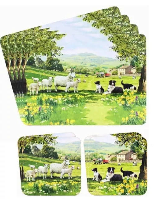 Set Of 4 Placemats & Or Coasters Collie Sheep design For Table Farmyard Country