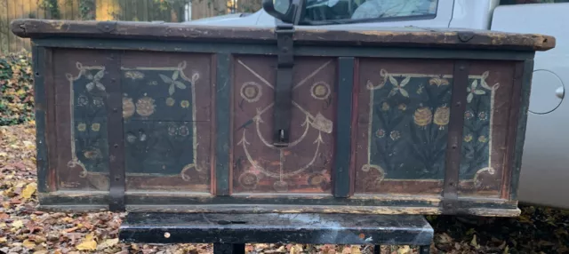 Antique Wood/Wrought Iron Painted Chest 19th Century European/Possibly American