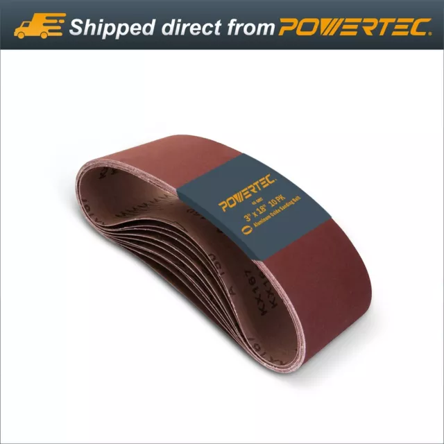POWERTEC 3 x 18" Sanding Belt 40 Grit 10PK A/O Sandpaper Abrasive Polish 110860