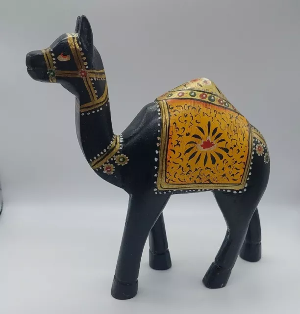 Vintage Hand Carved Wooden Black Camel figure folk Art Hand Painted 9  " Tall