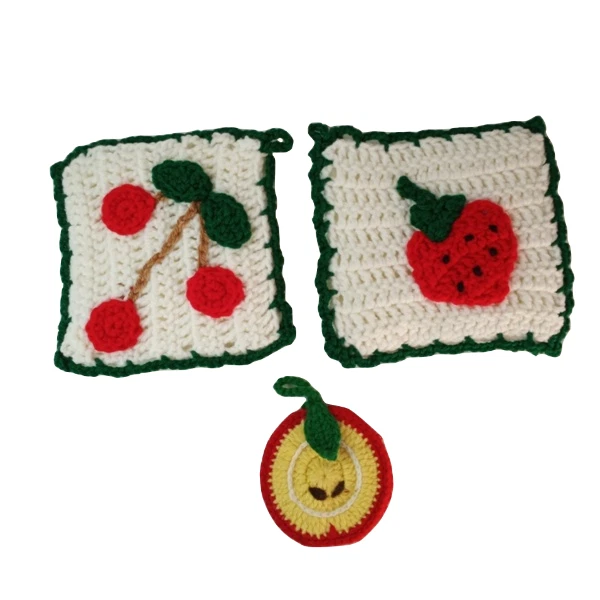 Lot of 3 Vtg Kitchen Crochet Potholders Strawberry, Cherry, and small Apple
