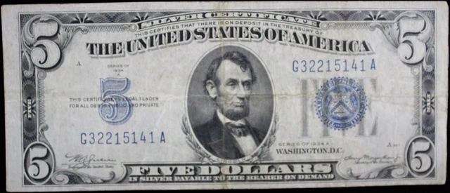 1934 A $5 Silver Certificate - VG/F