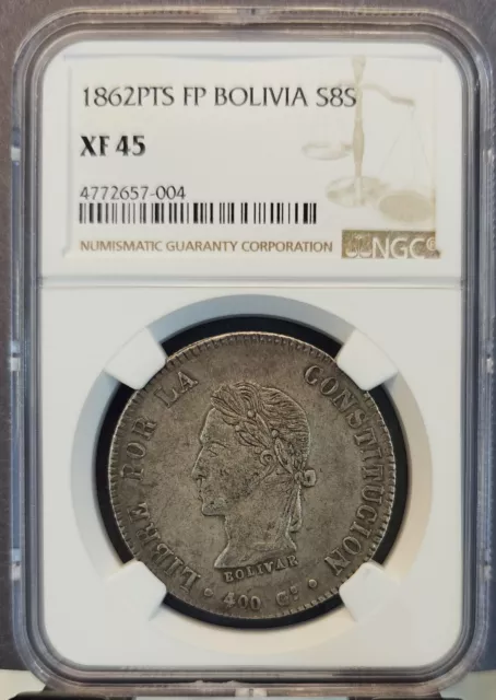 1862 Pts Fp Bolivia Silver 8 Soles S8S Ngc Xf 45 High Grade Beautiful Coin 3