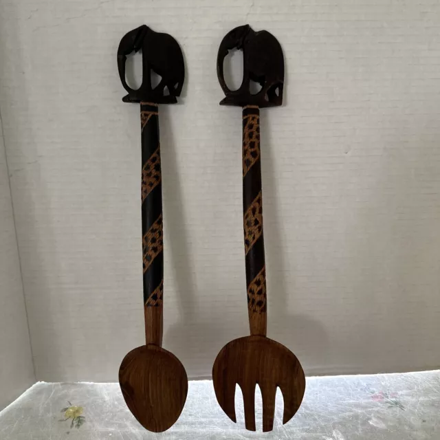 Elephant African Tribal Wooden Spoon Fork Hand Carved Salad Tossing Utensil Set