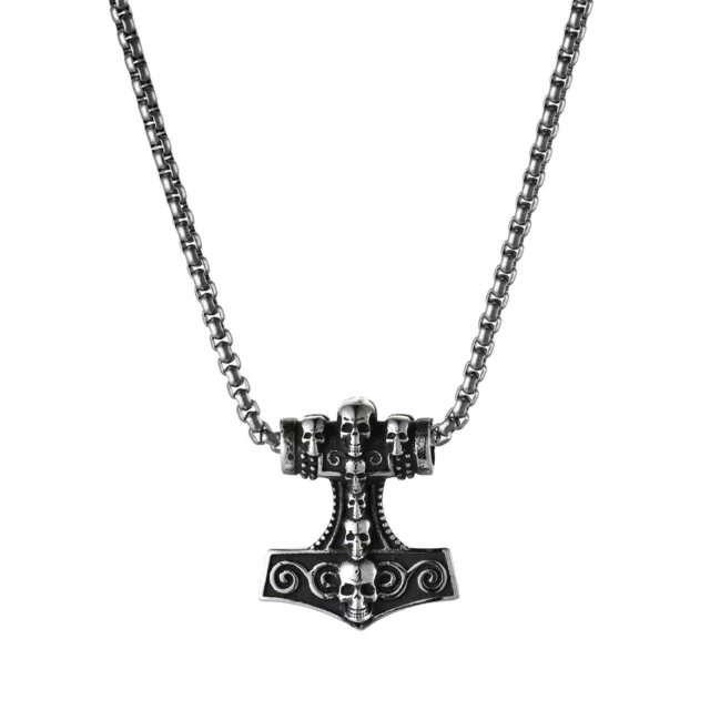 Men's Gothic Viking Thors Hammer Mjolnir Skull Stainless Steel Pendant Necklace