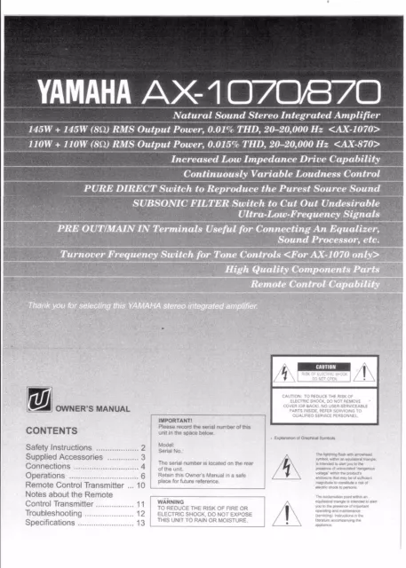 Yamaha  Bedienungsanleitung user manual owners manual  für AX 1070- 870  Copy