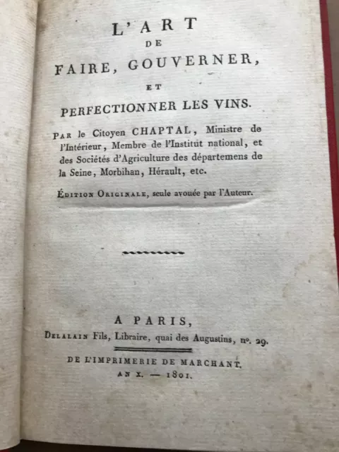 Œnologie L'art De Faire, Gouverner Et Perfectionner Les Vins Chaptal 1801 E.o.