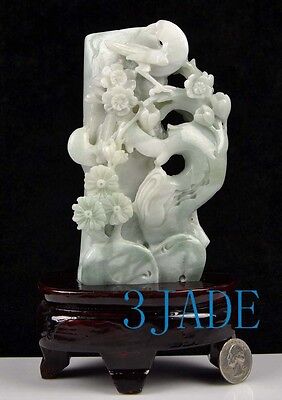 A Grade Jadeite Jade Bird Flower Statue Sculpture Chinese Carving w/ Certificate