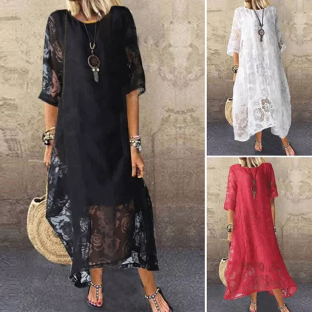 Womens Kaftan Dress Cotton Linen V-Neck Baggy Dress Ladies Casual Plus Size New