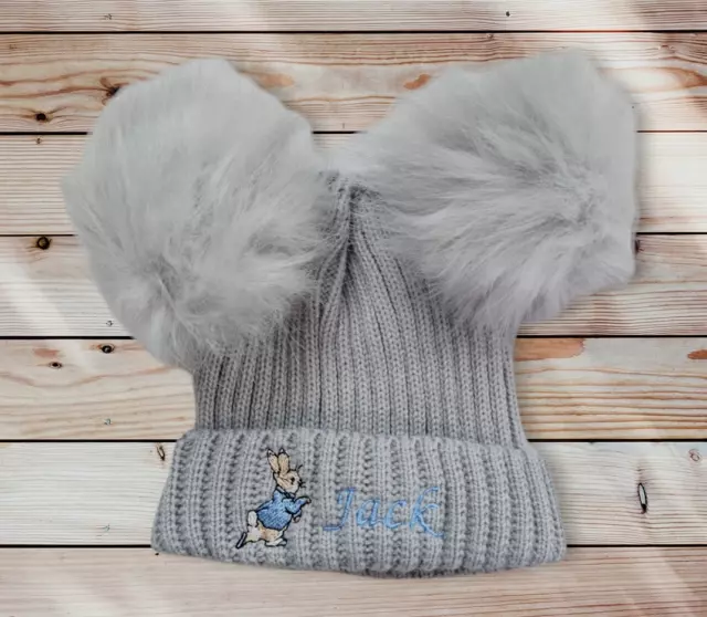 PERSONALISED BABY BOY GIRLS  0-6m   DOUBLE  POM POM HAT  PETER RABBIT 6 colours