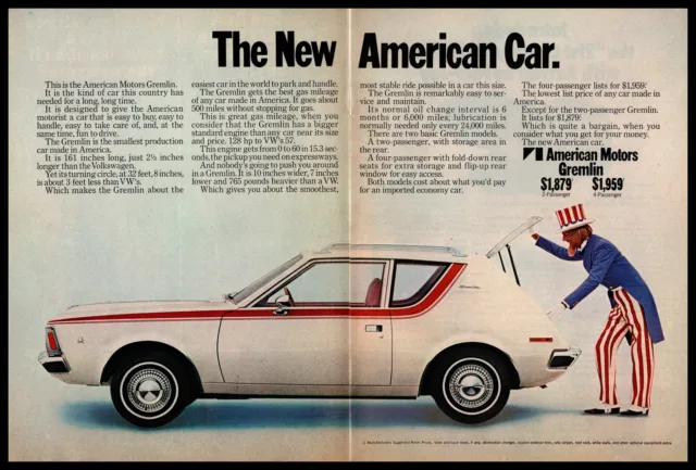 1971 AMC Gremlin "The New American Car" Uncle Sam Hat 2-Page Vintage Print Ad