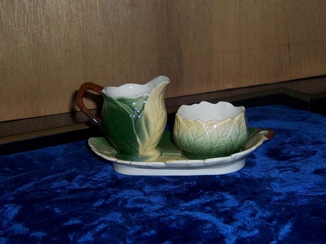 Royal Winton England Grimwades Creamer Open Sugar Bowl & Tray Yellow Green Leaf