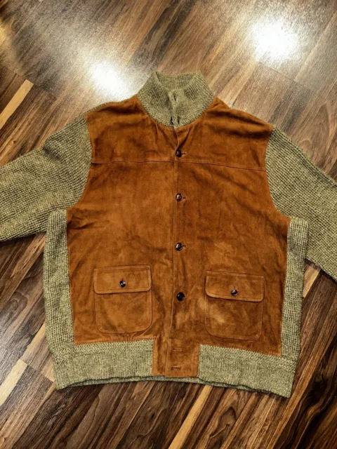 VTG 90S POLO Ralph Lauren Hand Knit Wool Tweed Suede Sweater Jacket RRL ...