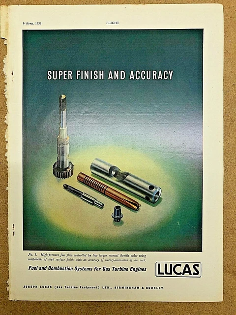 1954 Aircraft Advert LUCAS FUEL COMBUSTION SYSTEM GAS TURBINE ENGINE ACCURACY