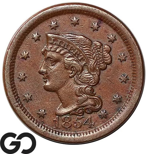 1854 Large Cent, Braided Hair, Choice AU